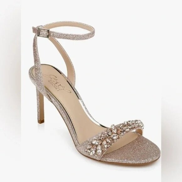 NWT Jewel Badgley Mischka Dallyce Glitter Open-Toe Heels W Rhinestone Strap NEW - Picture 1 of 10